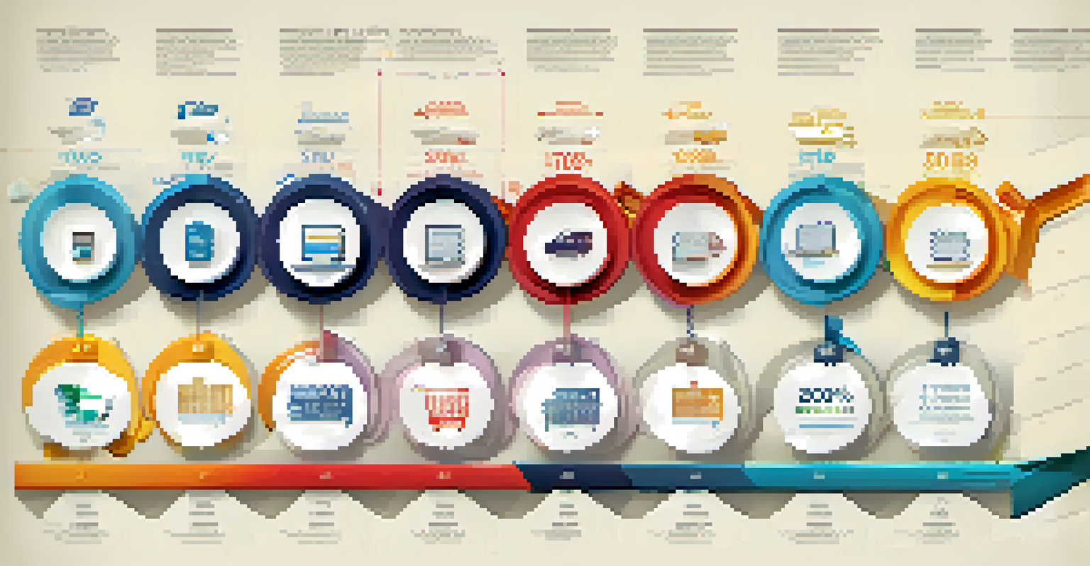 An illustrated timeline infographic displaying the evolution of e-commerce taxation, featuring icons for traditional retail, online shopping, and digital tax.