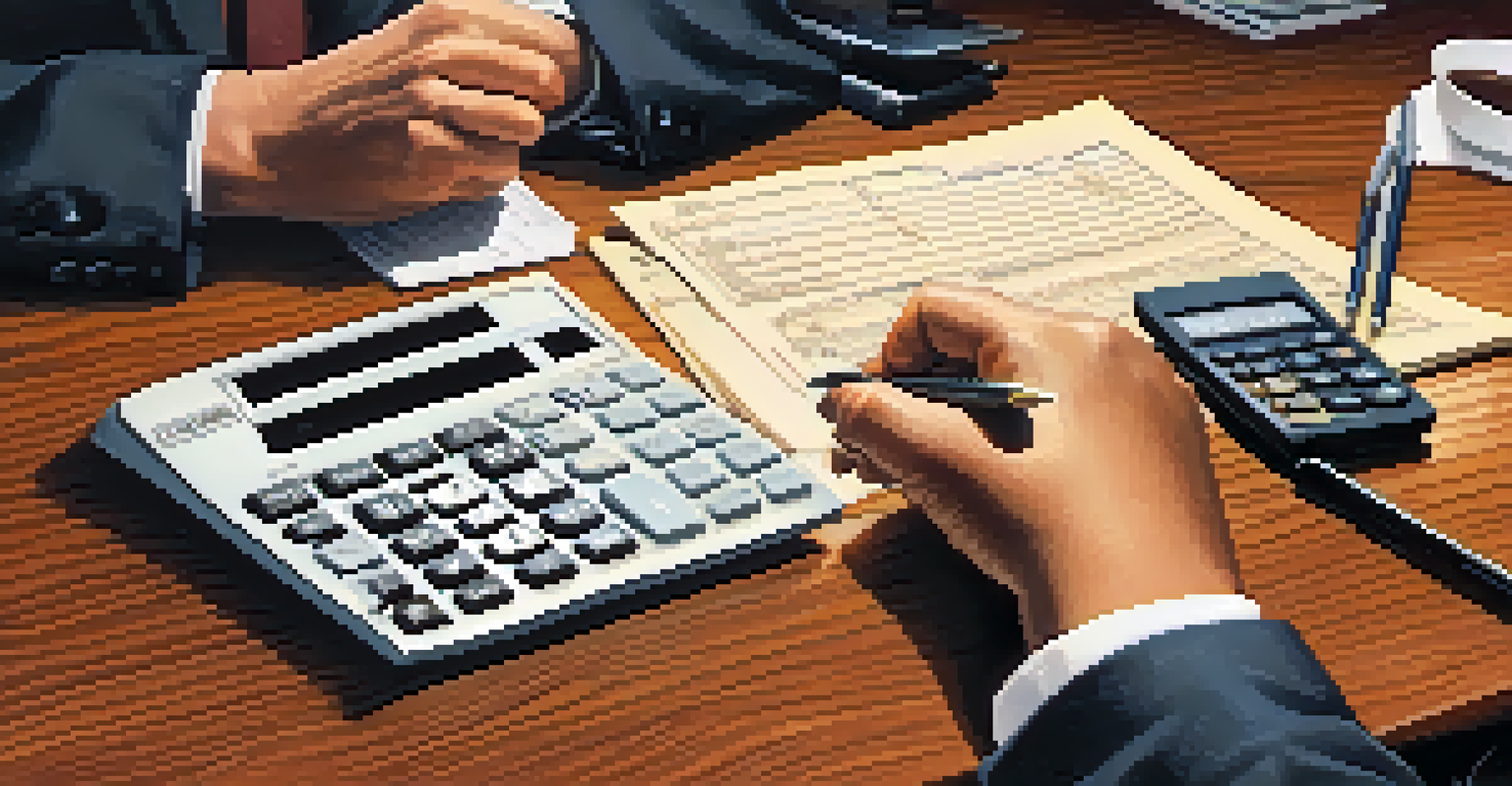 A tax professional reviewing documents and using a calculator, with a cup of coffee on the desk in a warm-lit environment.