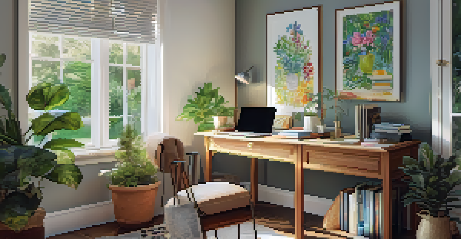 A cozy home office with a wooden desk, a laptop, and a view of a vibrant garden through the window.