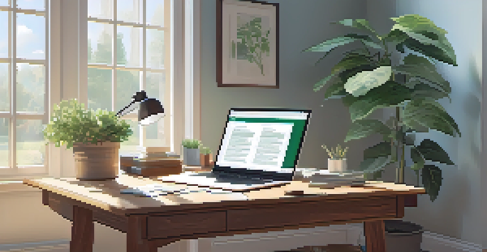 A bright and peaceful office with a wooden desk, laptop, and a potted plant, illuminated by natural light.