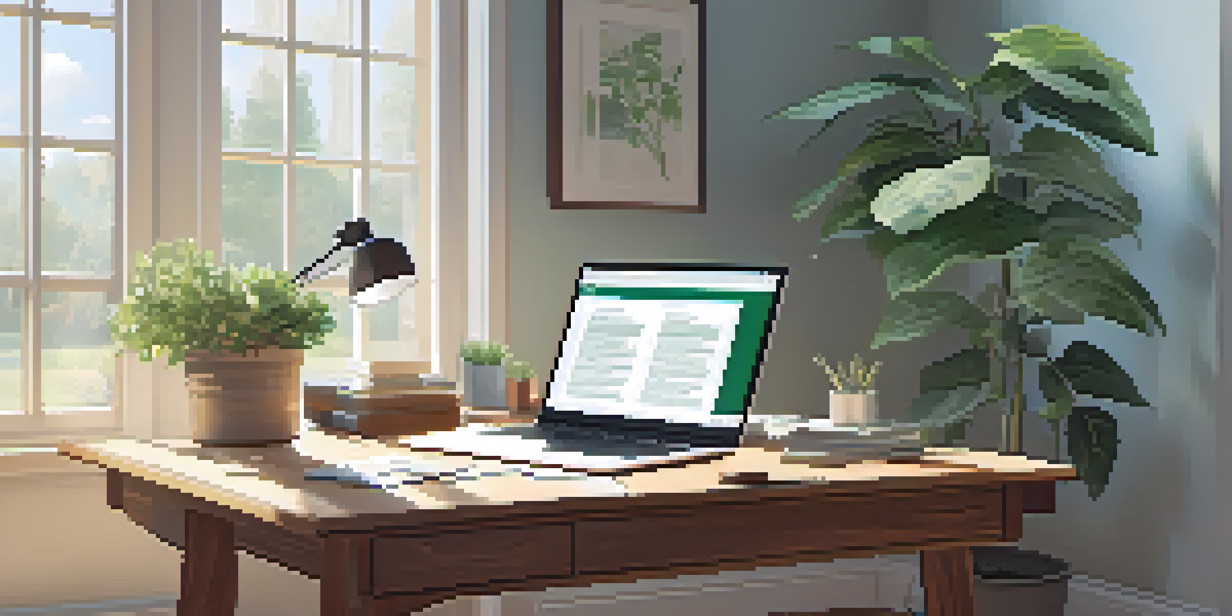 A bright and peaceful office with a wooden desk, laptop, and a potted plant, illuminated by natural light.