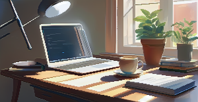 A peaceful study area with a wooden desk, a laptop, textbooks, a plant, and a coffee cup, illuminated by soft sunlight.