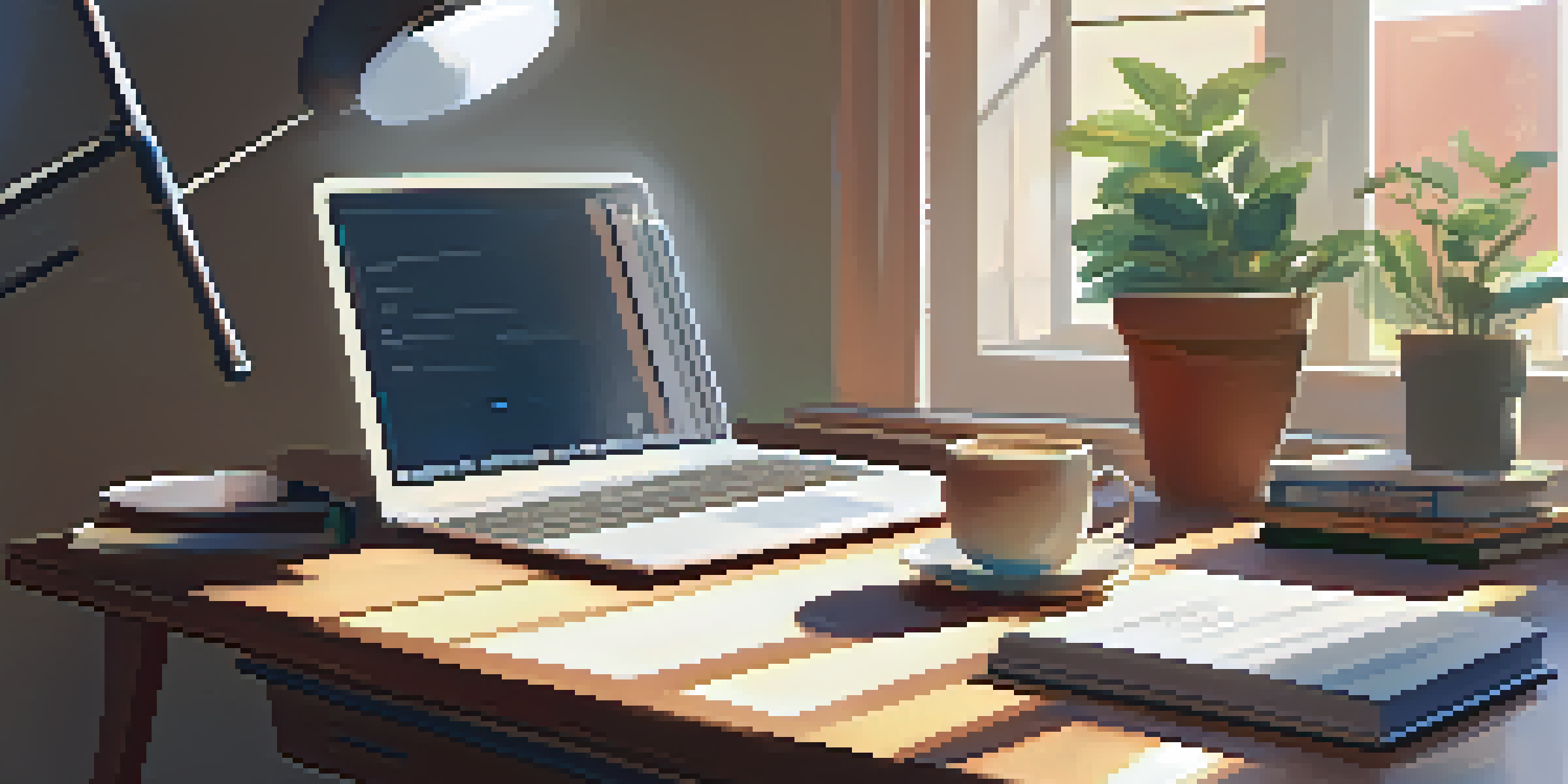 A peaceful study area with a wooden desk, a laptop, textbooks, a plant, and a coffee cup, illuminated by soft sunlight.