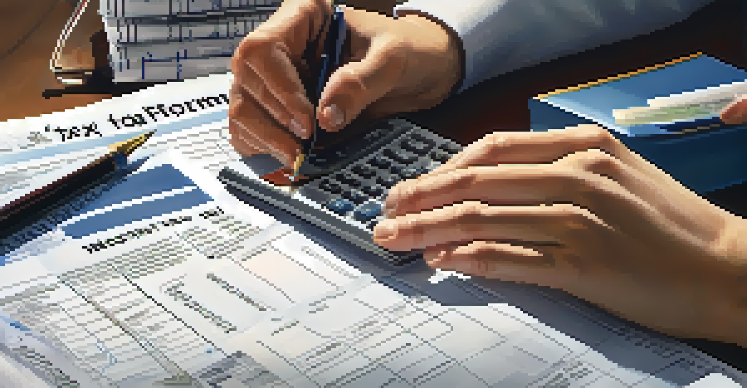 A close-up of a 1099 tax form being held, with a calculator and notepad in the background.