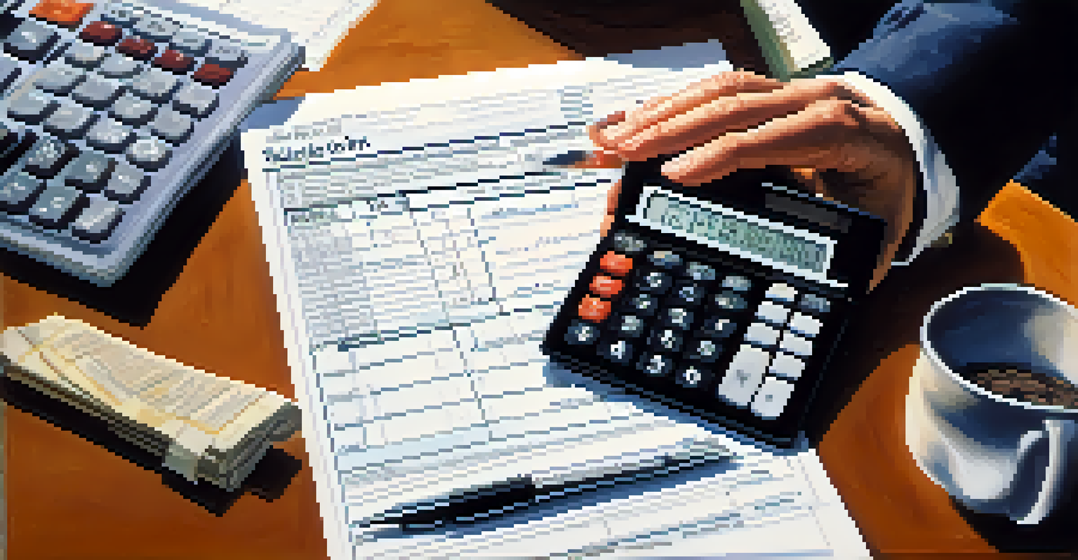 A close-up of hands calculating taxes with a calculator and writing on a tax return form at a messy desk.