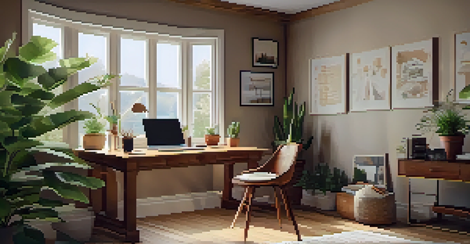 A warm and inviting home office with a wooden desk, laptop, coffee cup, and a potted plant, illuminated by natural light from a large window.