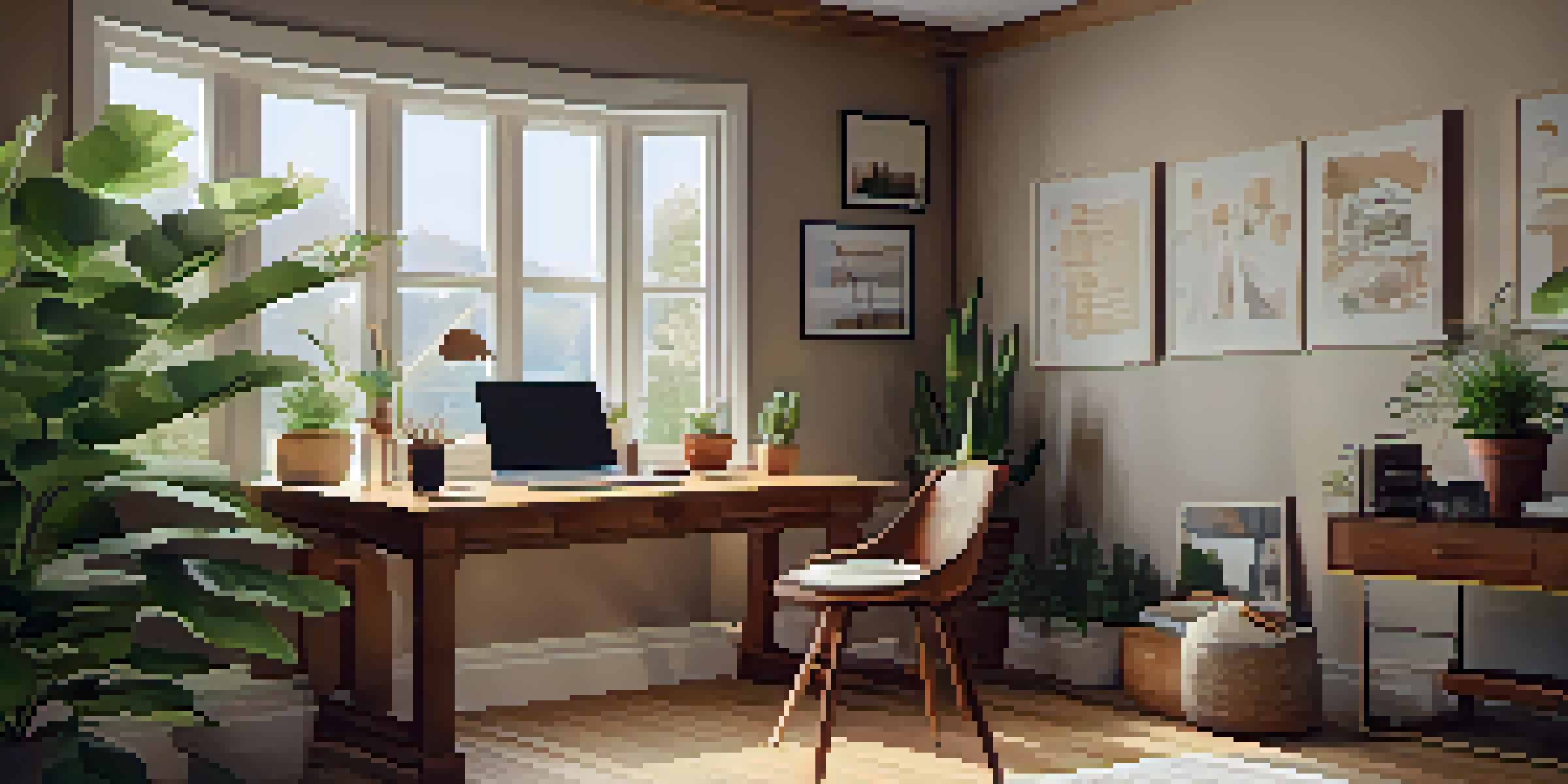 A warm and inviting home office with a wooden desk, laptop, coffee cup, and a potted plant, illuminated by natural light from a large window.