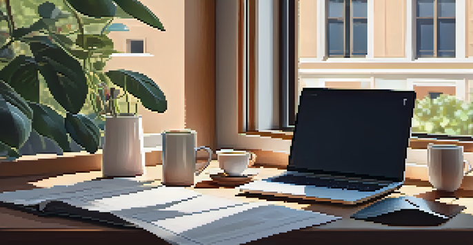 A desk with a laptop, financial papers, and a coffee cup is illuminated by soft morning light from a window.