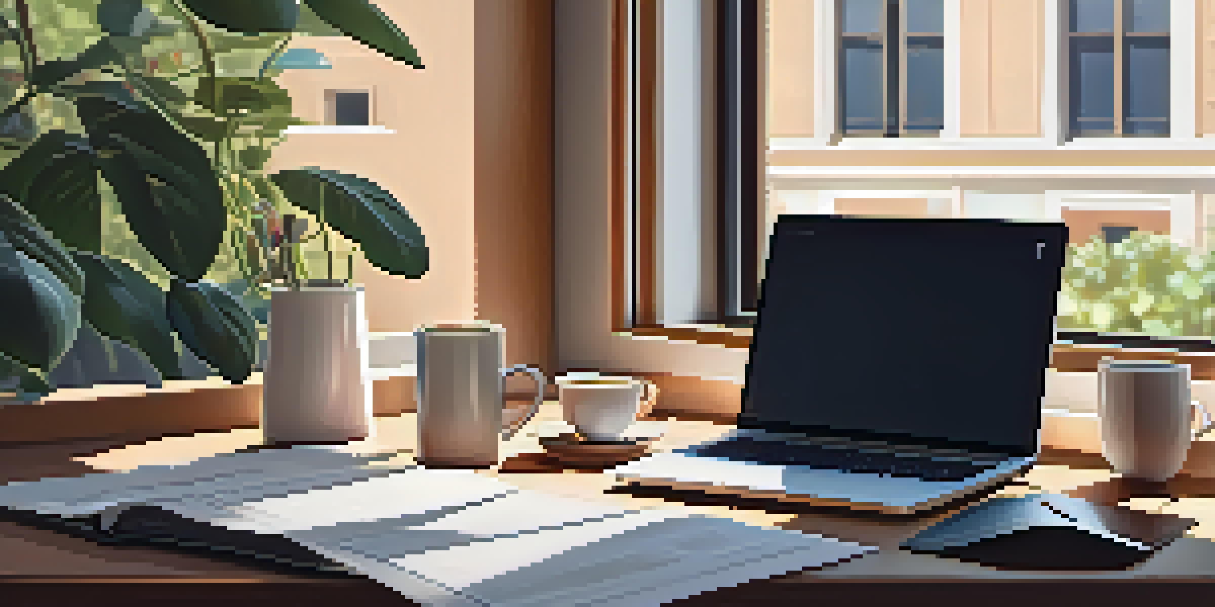 A desk with a laptop, financial papers, and a coffee cup is illuminated by soft morning light from a window.