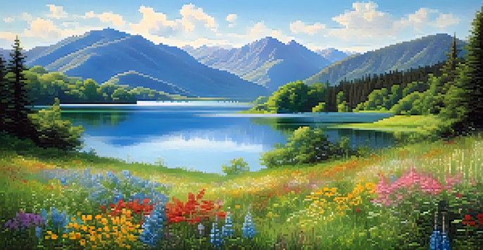 A peaceful lake surrounded by green mountains and colorful wildflowers under a clear blue sky.