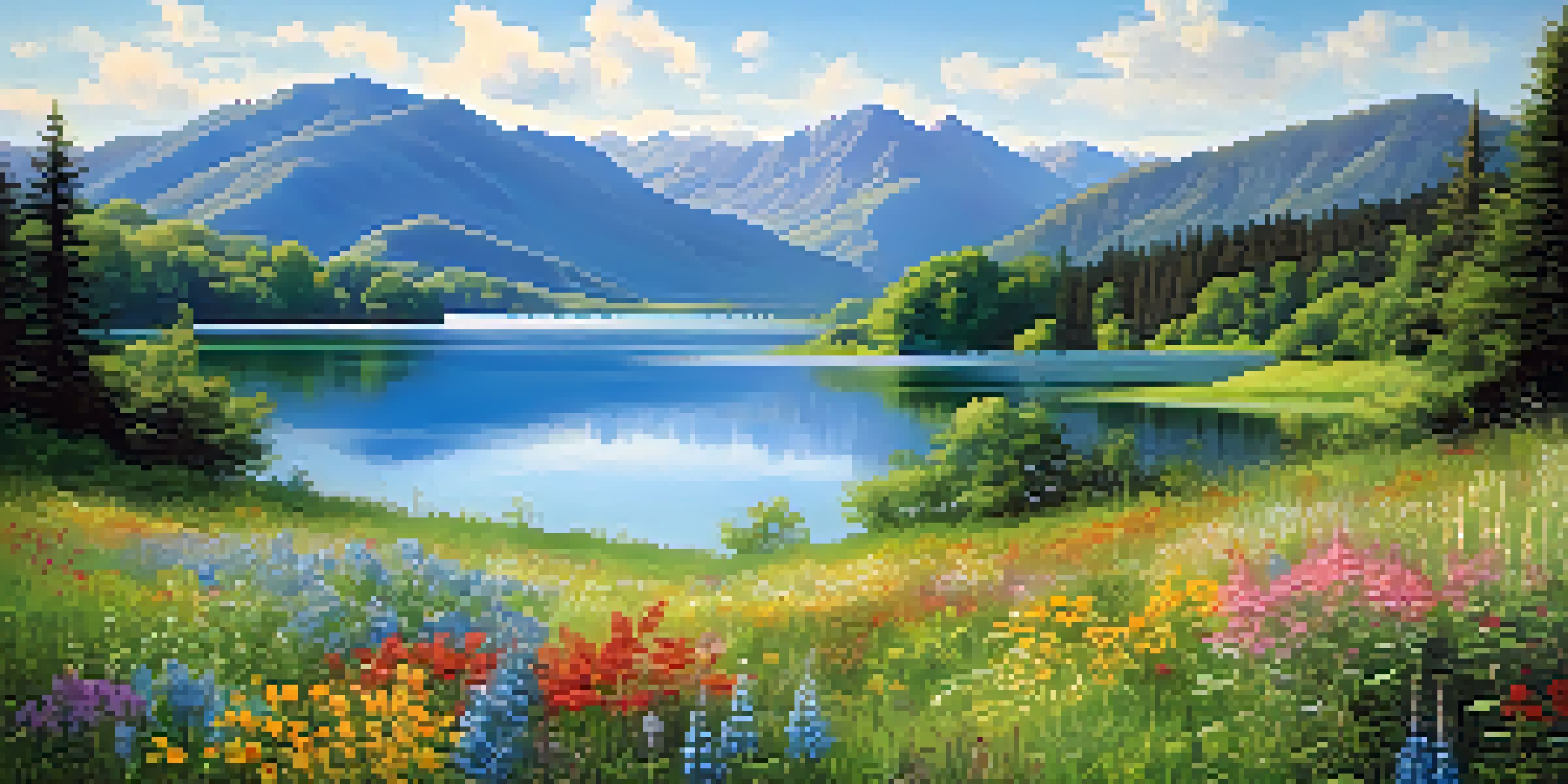 A peaceful lake surrounded by green mountains and colorful wildflowers under a clear blue sky.