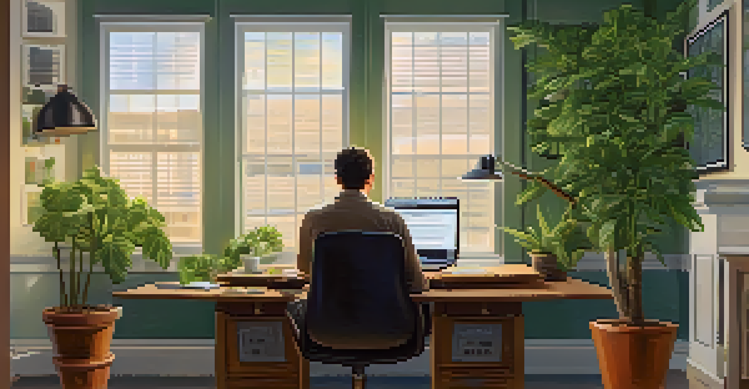 A person in a serene office environment, contemplating tax information on a laptop.