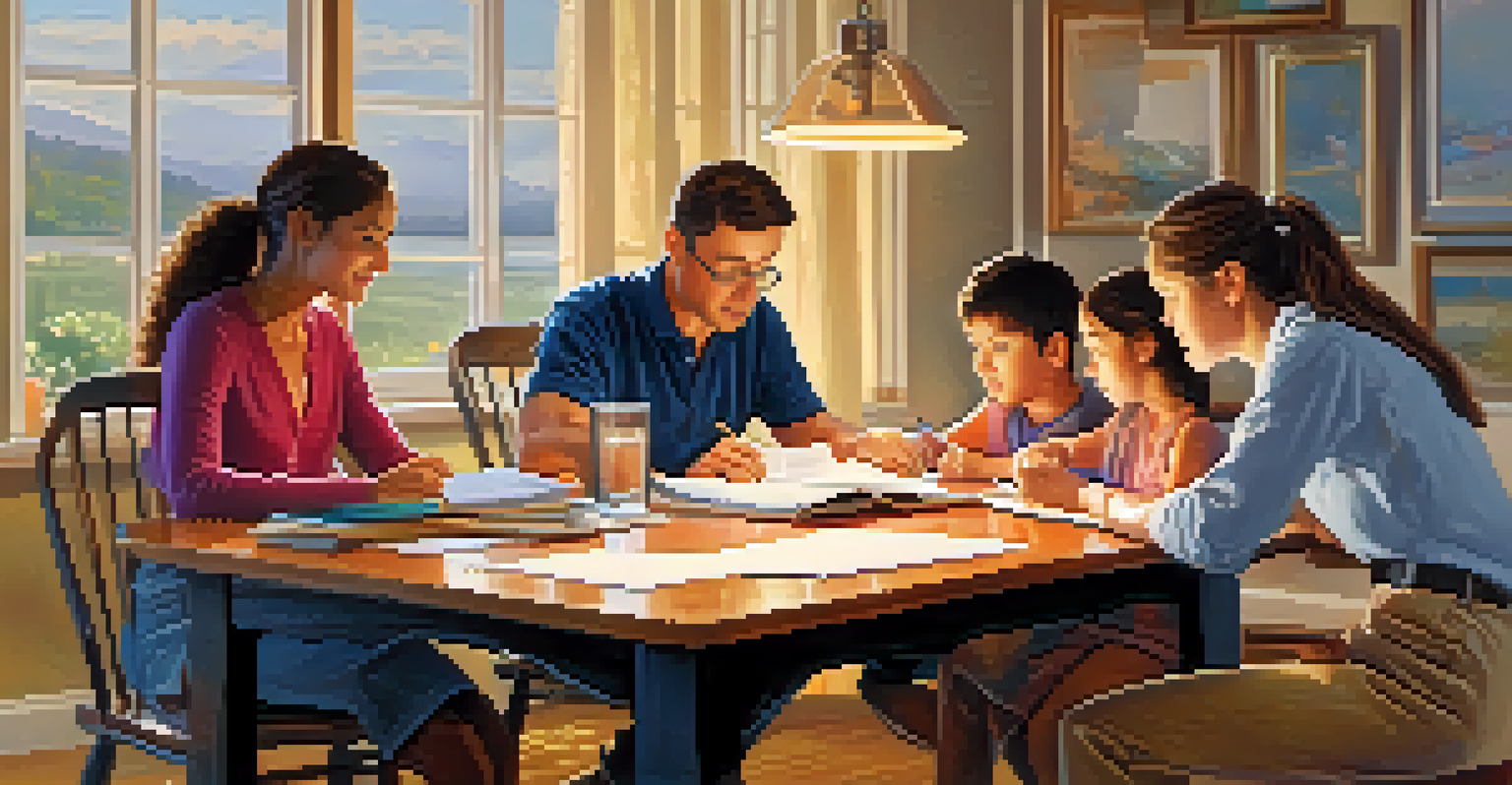 A family gathered at a dining table discussing education expenses, with notebooks and a calculator present.