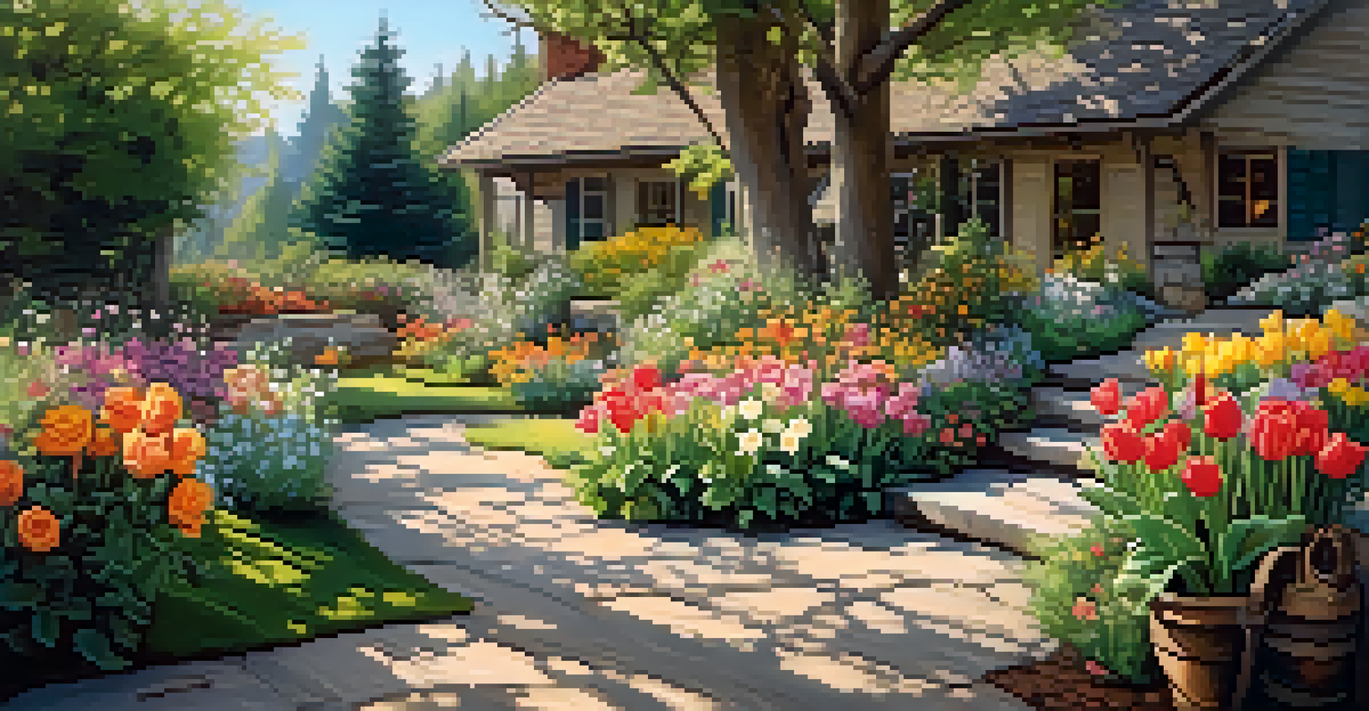 A beautiful home garden with colorful flowers and a wooden bench under a tree.