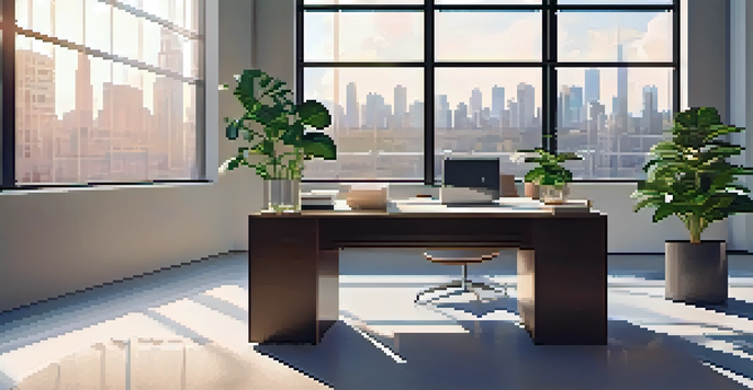 A bright office space with a view of a city skyline, featuring a desk with a laptop and a potted plant, illuminated by natural light.
