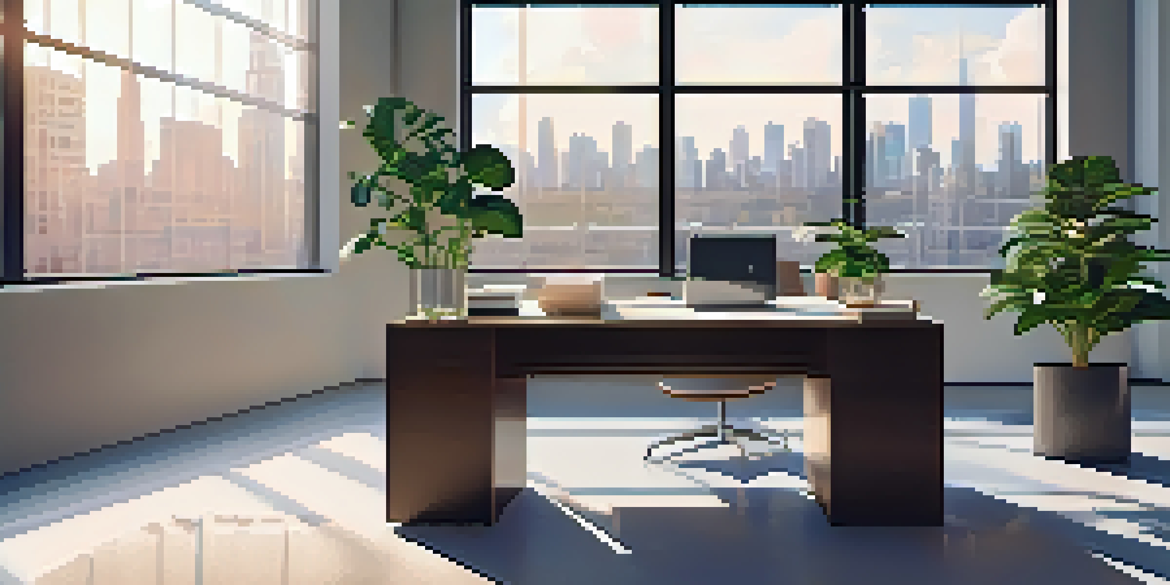A bright office space with a view of a city skyline, featuring a desk with a laptop and a potted plant, illuminated by natural light.
