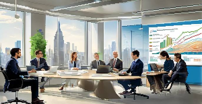 A diverse group of financial advisors in a bright office discussing financial regulations, with charts and a laptop visible.