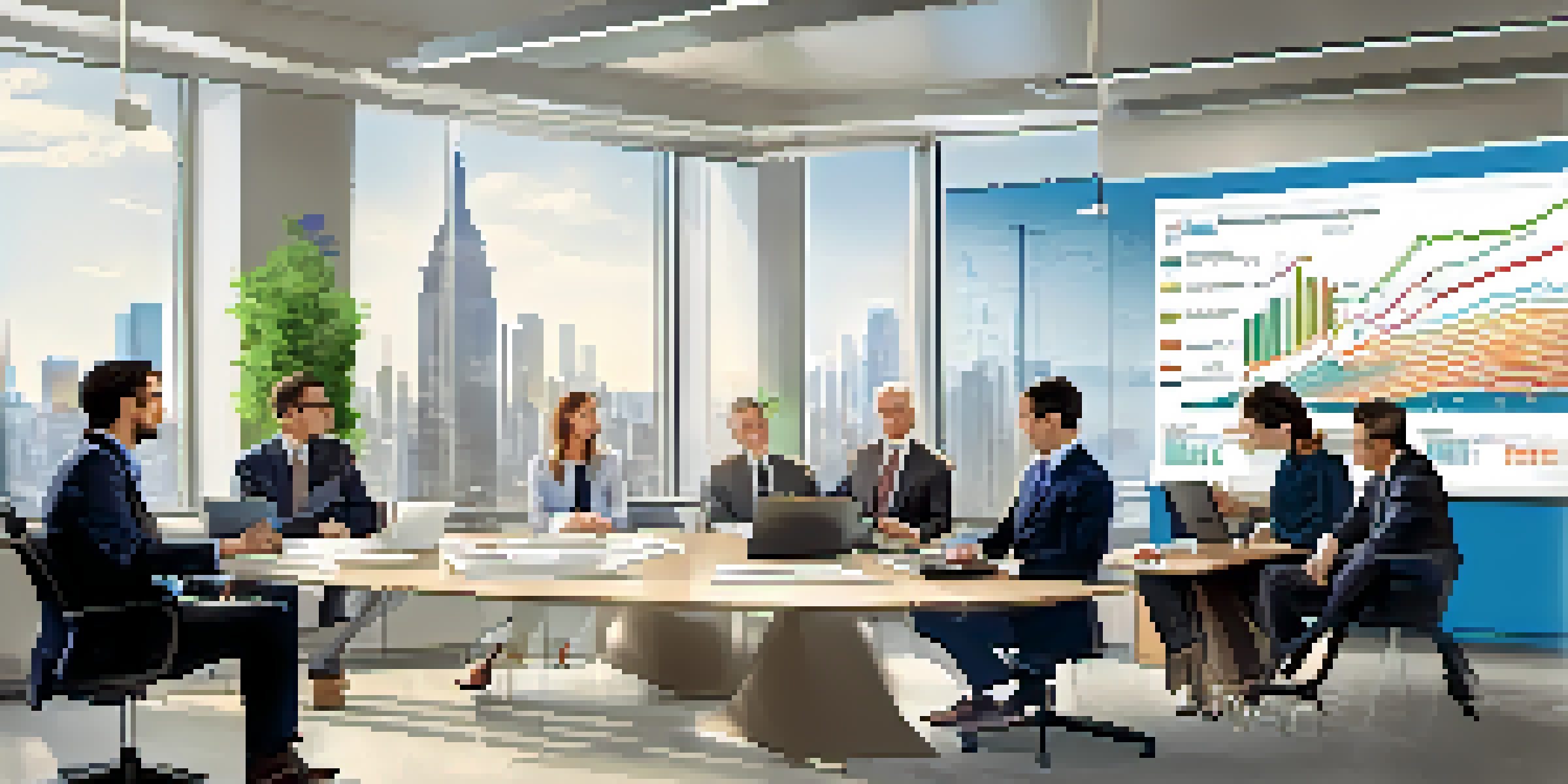 A diverse group of financial advisors in a bright office discussing financial regulations, with charts and a laptop visible.