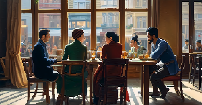 A diverse group of expatriates discussing tax residency at a café, with warm lighting and a city view.