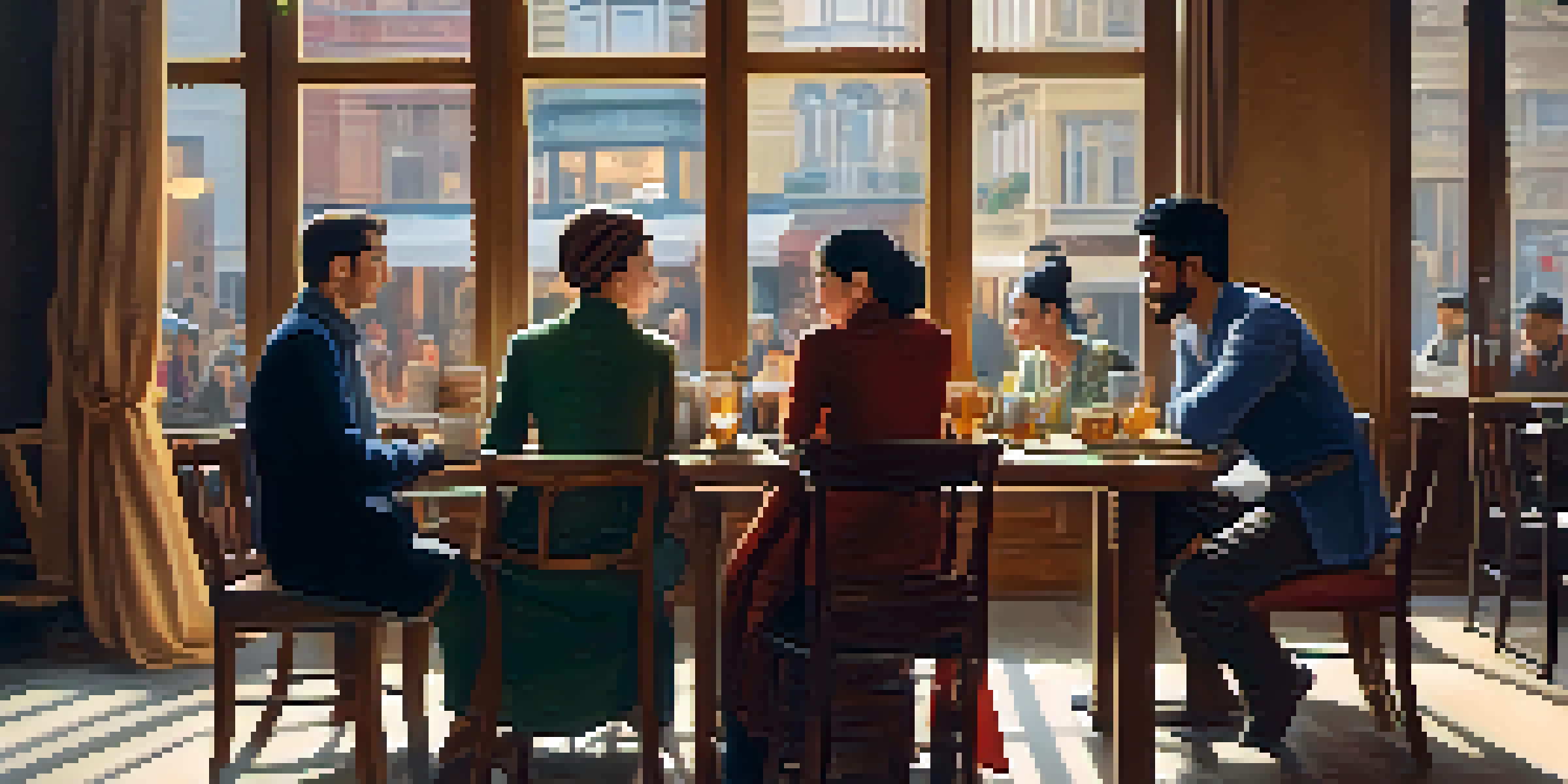 A diverse group of expatriates discussing tax residency at a café, with warm lighting and a city view.