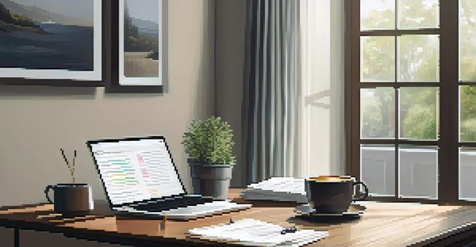 An office workspace with a wooden desk, an open laptop, financial reports, and a cup of coffee, illuminated by soft natural light from a window.