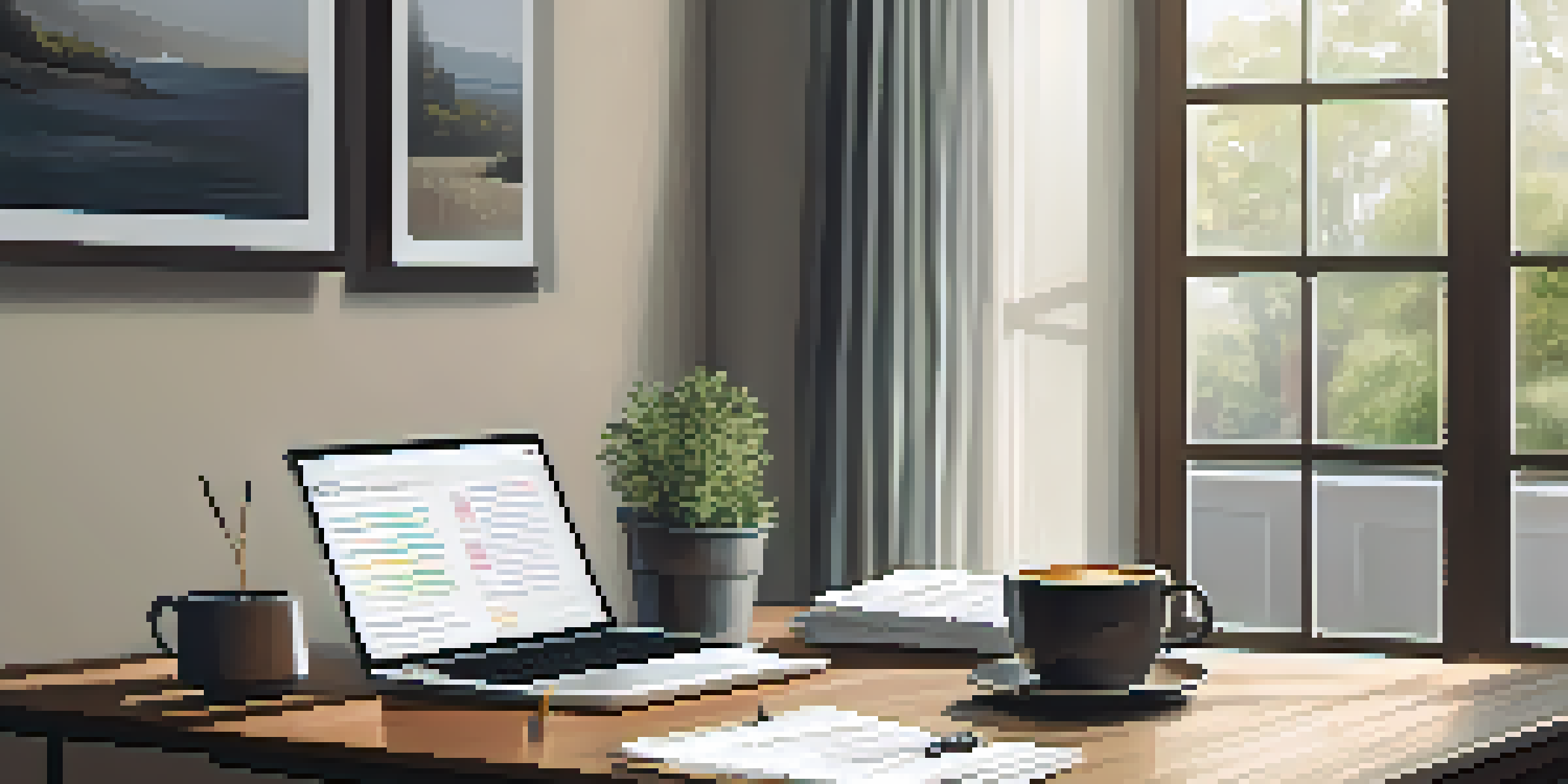 An office workspace with a wooden desk, an open laptop, financial reports, and a cup of coffee, illuminated by soft natural light from a window.