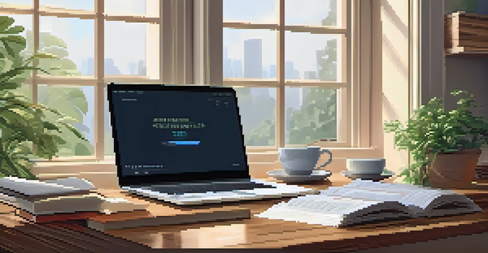 A warm and inviting home office featuring a wooden desk with a laptop showing financial charts, a cup of coffee, and a stack of finance books, illuminated by soft natural light from a window.