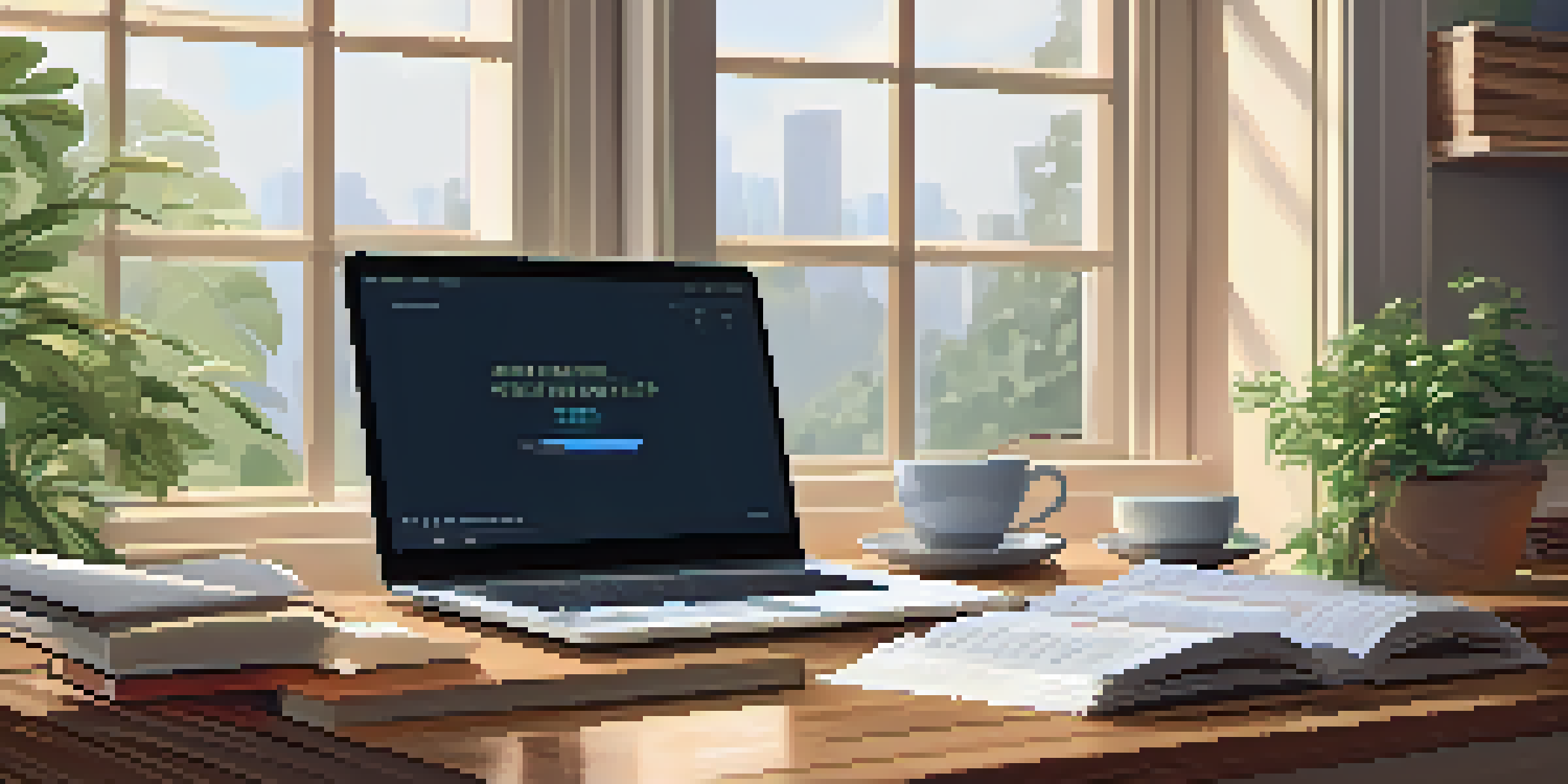 A warm and inviting home office featuring a wooden desk with a laptop showing financial charts, a cup of coffee, and a stack of finance books, illuminated by soft natural light from a window.