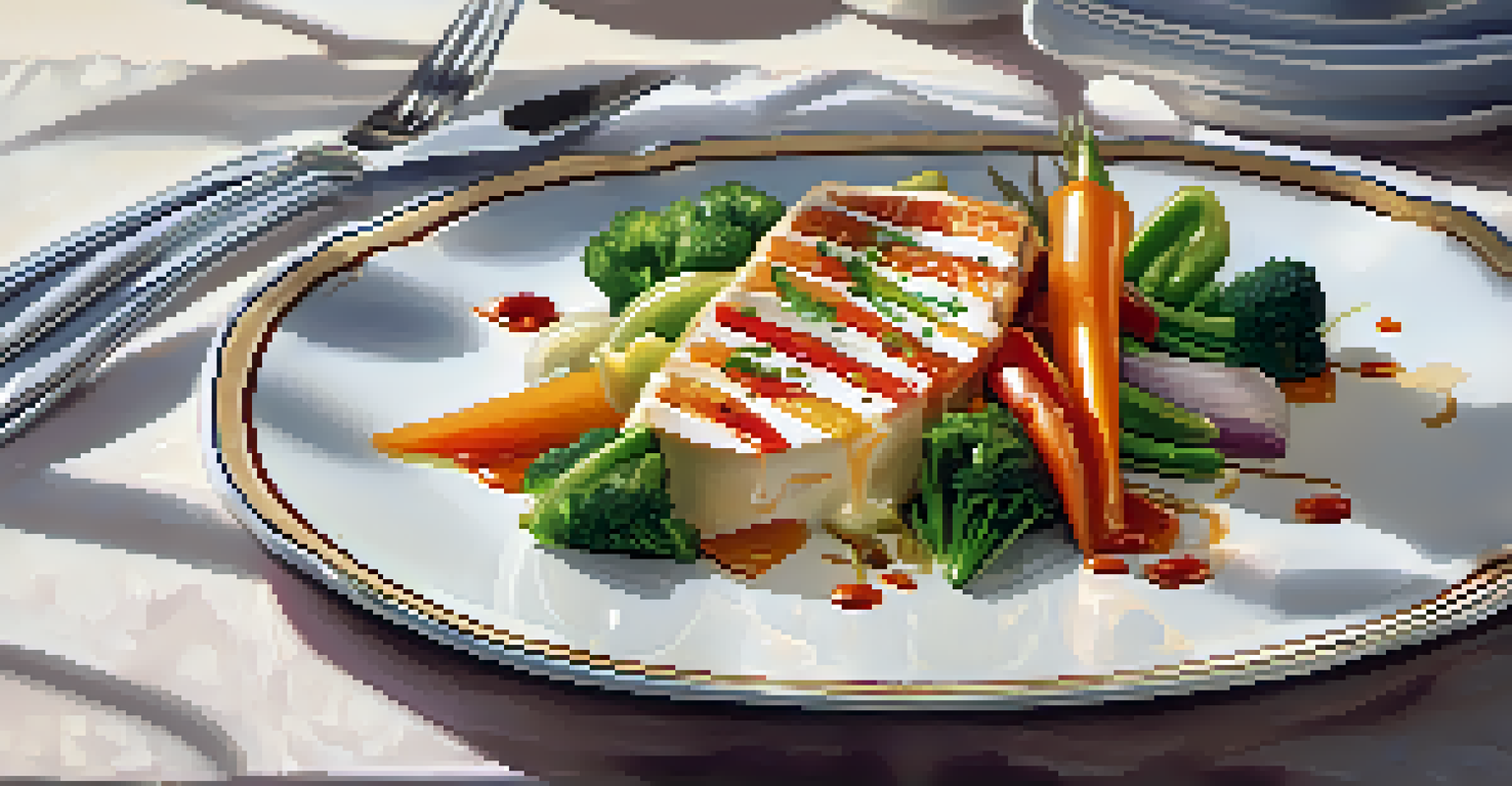 A gourmet dish with colorful vegetables and protein, beautifully arranged on a fine china plate.