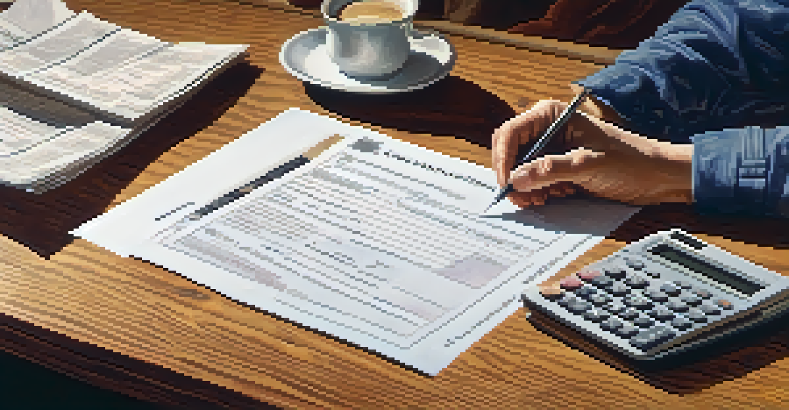 A close-up of hands completing a tax form with receipts and a calculator on a wooden desk, conveying a sense of careful financial planning.