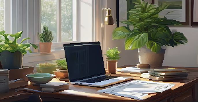A cozy home office with a wooden desk, laptop, and financial documents under soft natural light.