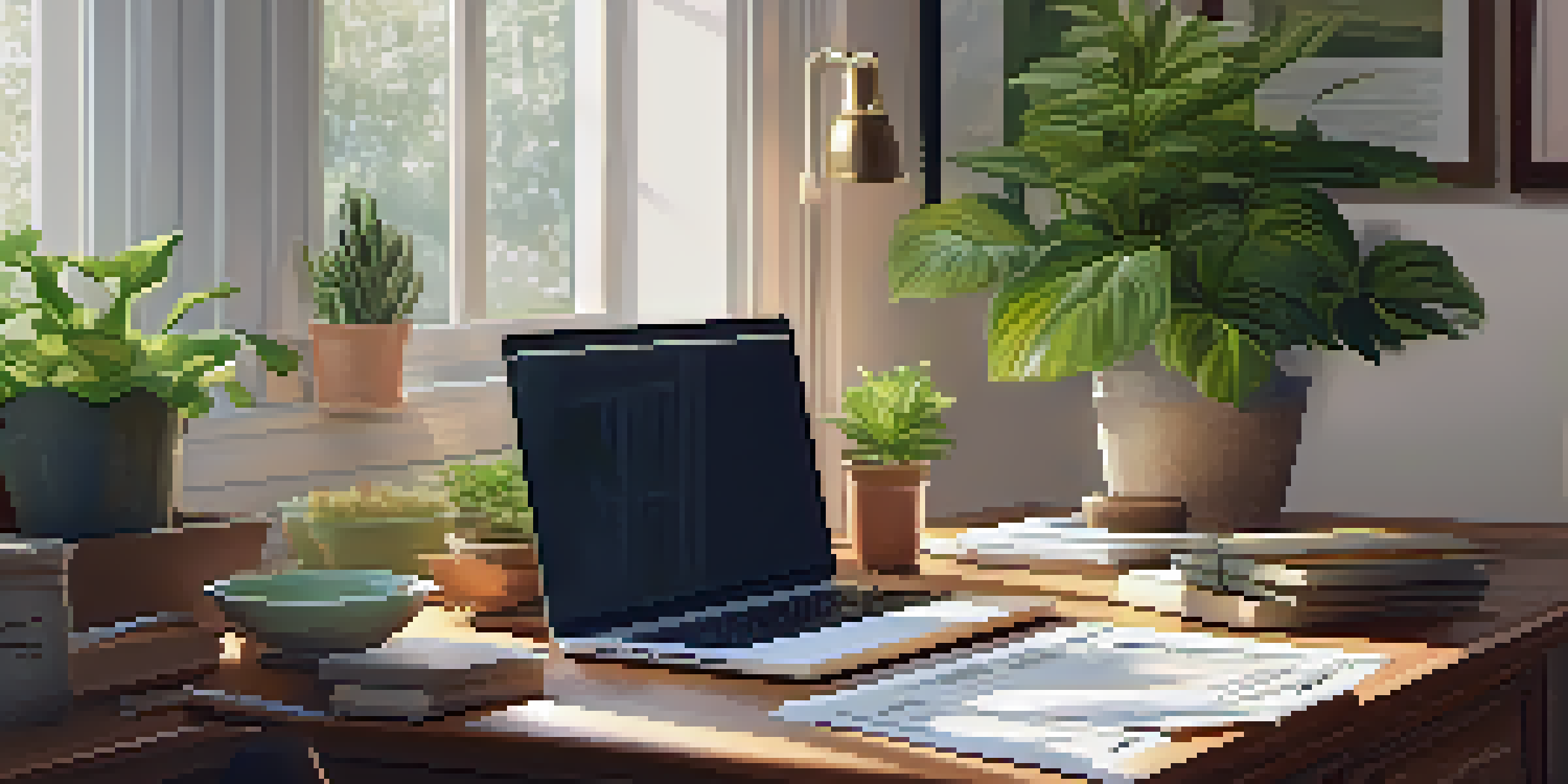 A cozy home office with a wooden desk, laptop, and financial documents under soft natural light.