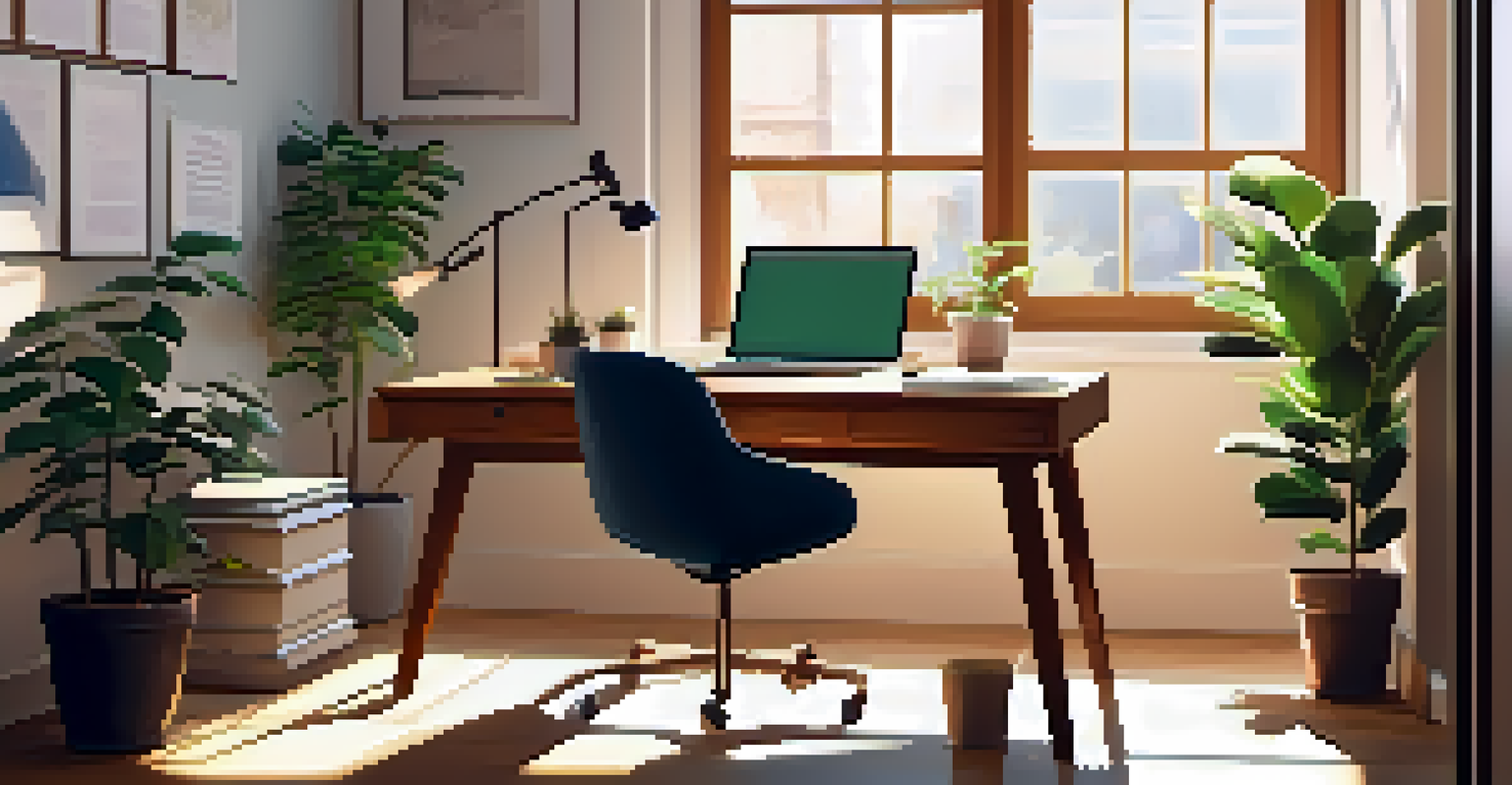 A peaceful office setup with a wooden desk, open laptop, documents, and a potted plant, illuminated by soft sunlight.