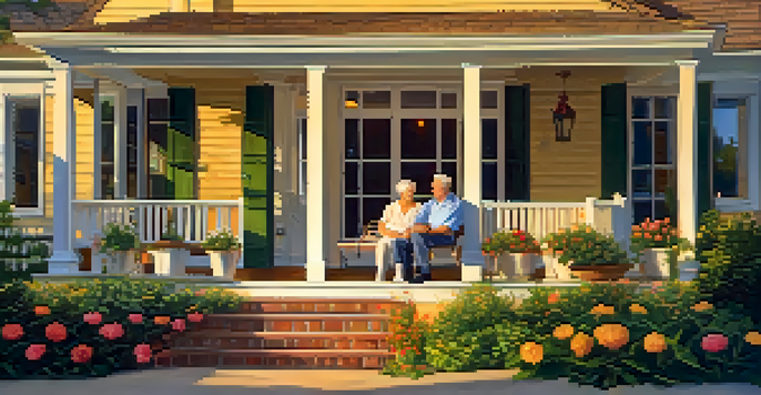 An elderly couple sitting on a porch during sunset, holding hands and smiling, surrounded by flowers and greenery.