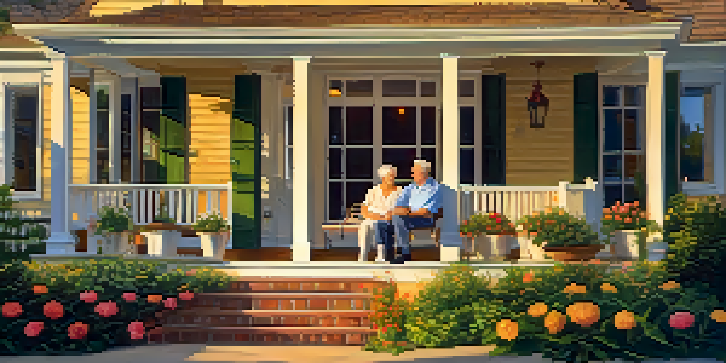 An elderly couple sitting on a porch during sunset, holding hands and smiling, surrounded by flowers and greenery.