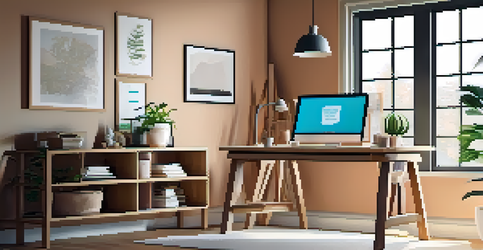 A cozy home office with a wooden desk, laptop, potted plant, and natural light coming through the window.