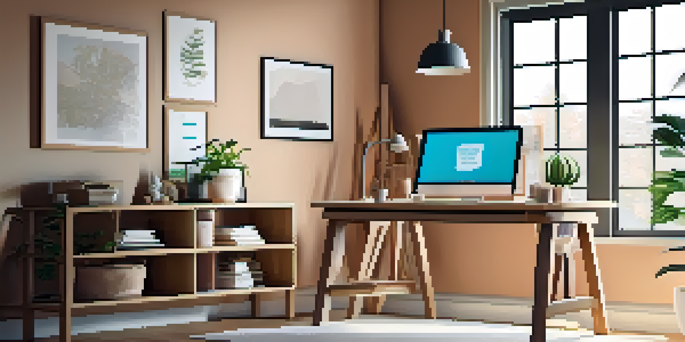 A cozy home office with a wooden desk, laptop, potted plant, and natural light coming through the window.