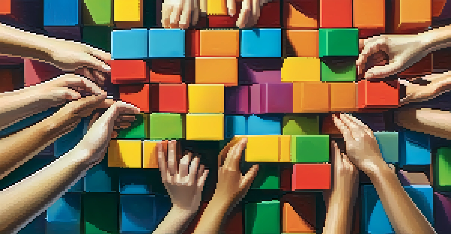 A close-up of hands stacking colorful blocks in a collaborative effort, symbolizing teamwork.