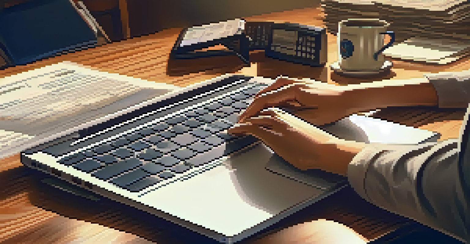 Close-up of hands typing on a laptop with tax documents and a calculator on a wooden table, illuminated by warm lighting.