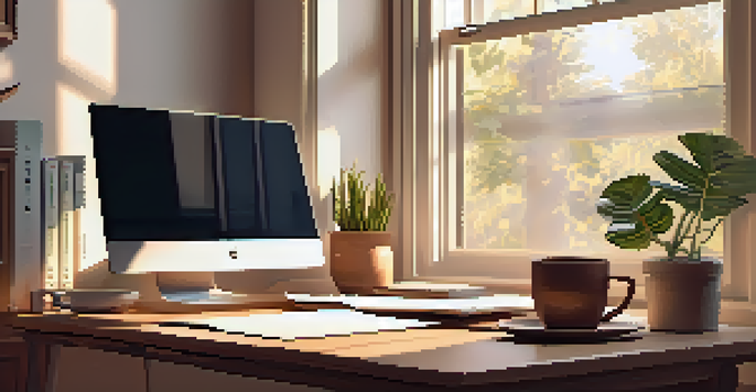 A cozy home office with a wooden desk, laptop, tax documents, and a cup of coffee, illuminated by soft morning light.
