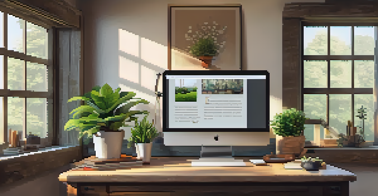 A warm and inviting home office with a wooden desk, laptop, coffee mug, and plants, illuminated by natural light.