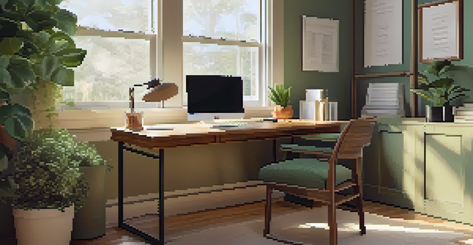 A home office with a wooden desk, an open laptop, organized folders, and a potted plant, bathed in soft natural light.