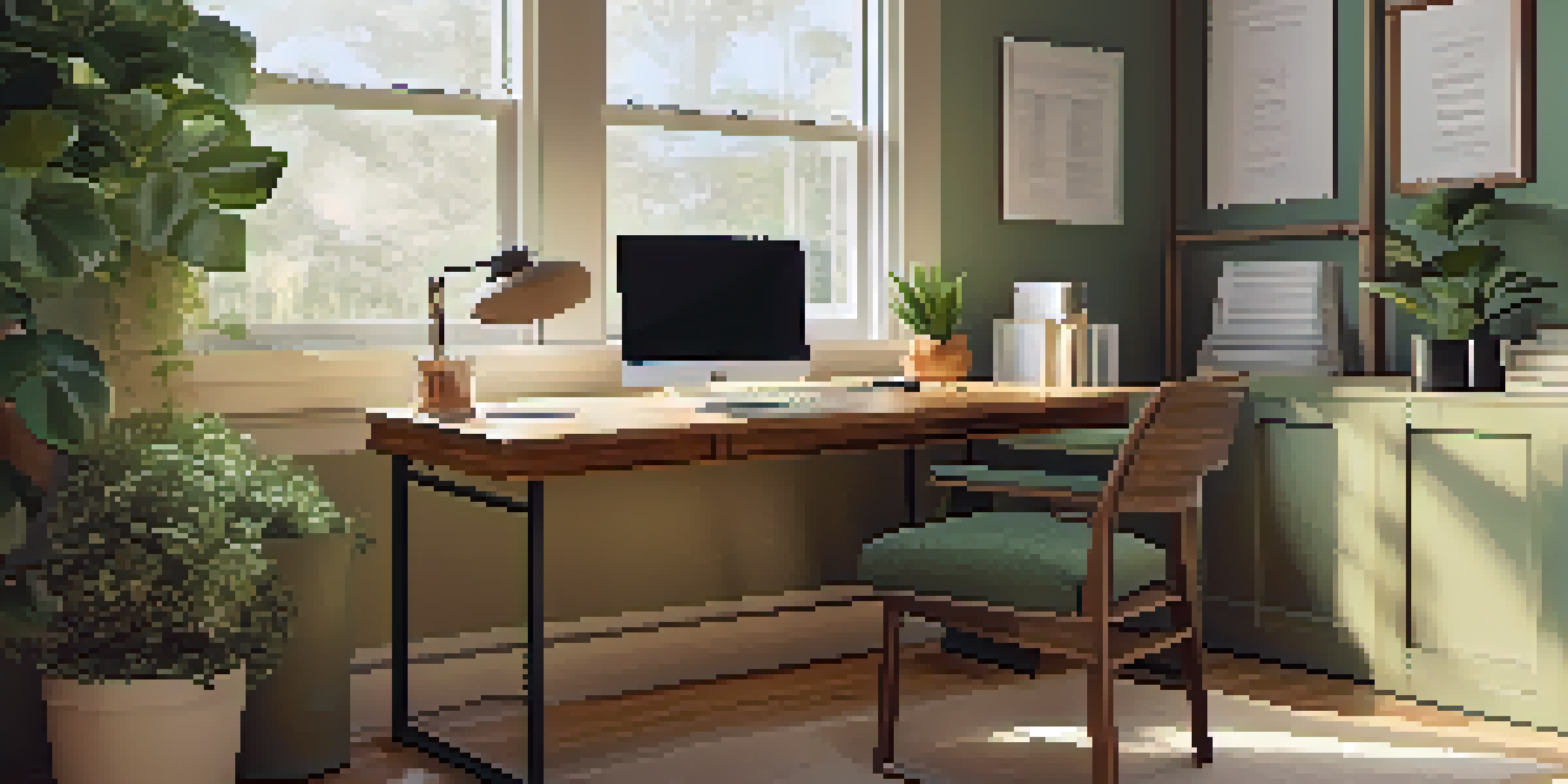 A home office with a wooden desk, an open laptop, organized folders, and a potted plant, bathed in soft natural light.