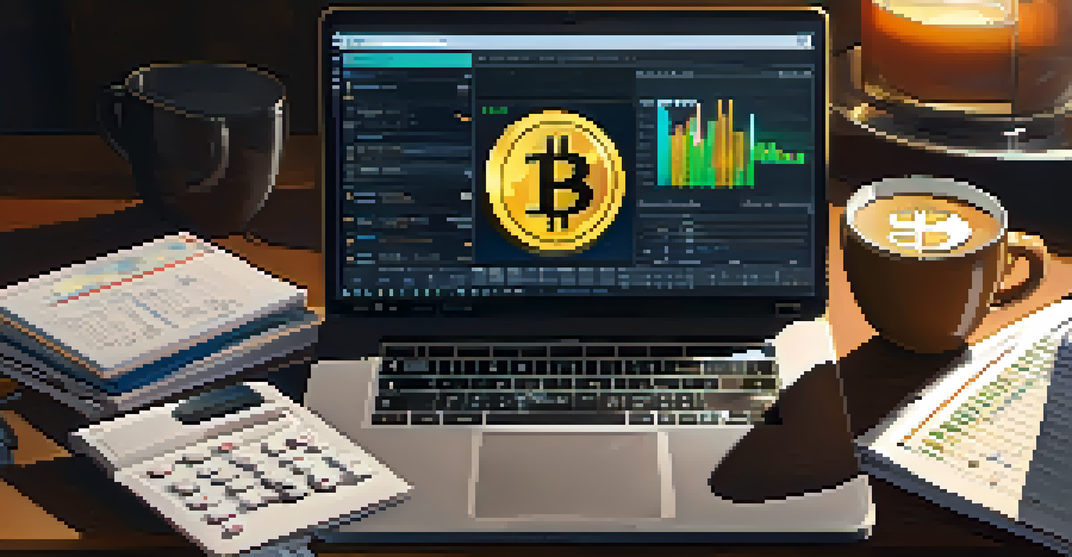 A person at a desk tracking cryptocurrency transactions with a laptop, papers, and a cup of coffee.