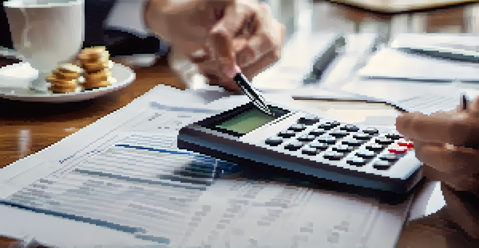 Close-up of hands on a financial planning document with a calculator and charts, creating a focused atmosphere for financial decision-making.