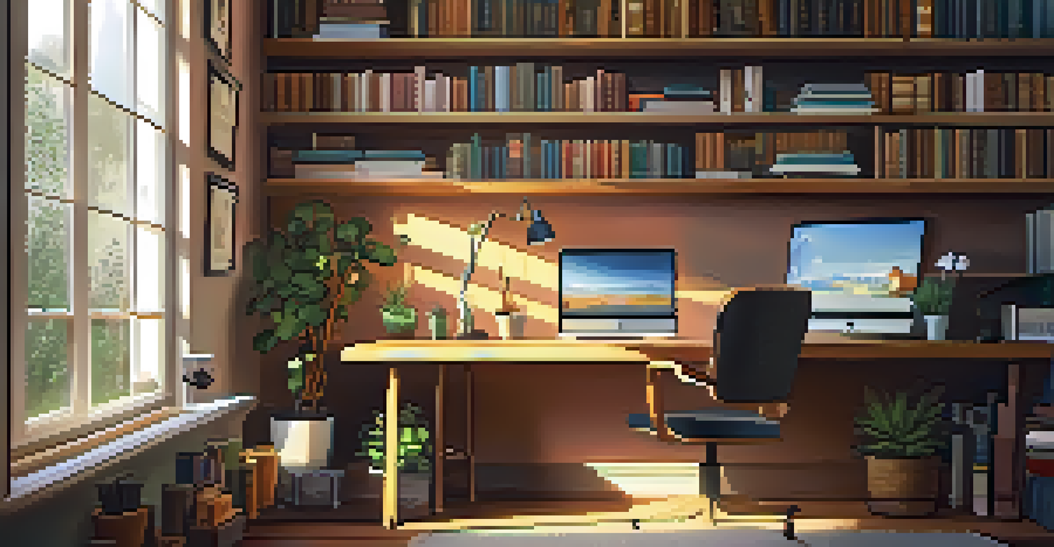 A warm and inviting home office setup with a laptop, coffee, and sunlight streaming through a window.