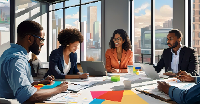 A diverse group of people in a bright office discussing ideas with papers and laptops around them.