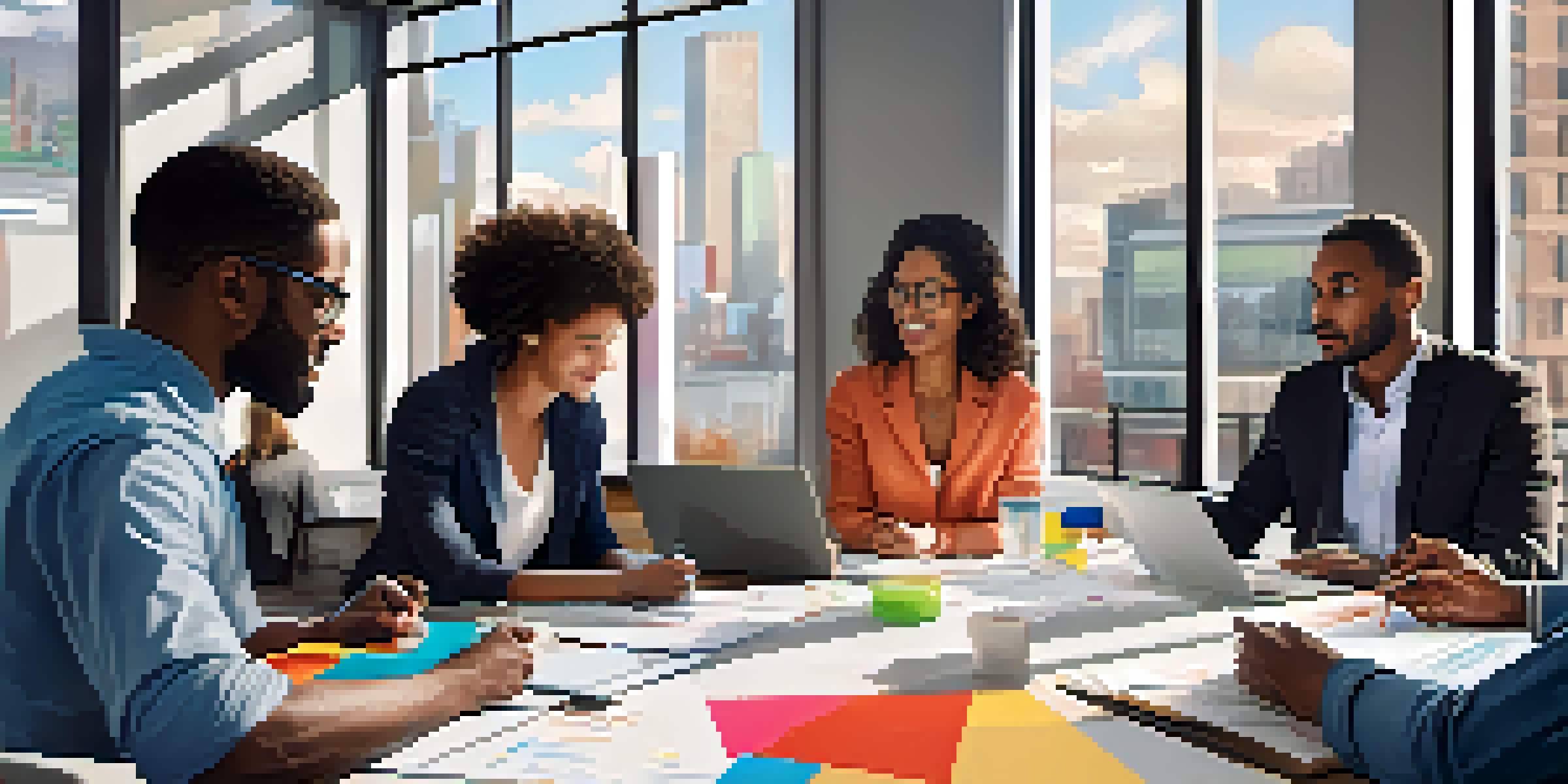 A diverse group of people in a bright office discussing ideas with papers and laptops around them.