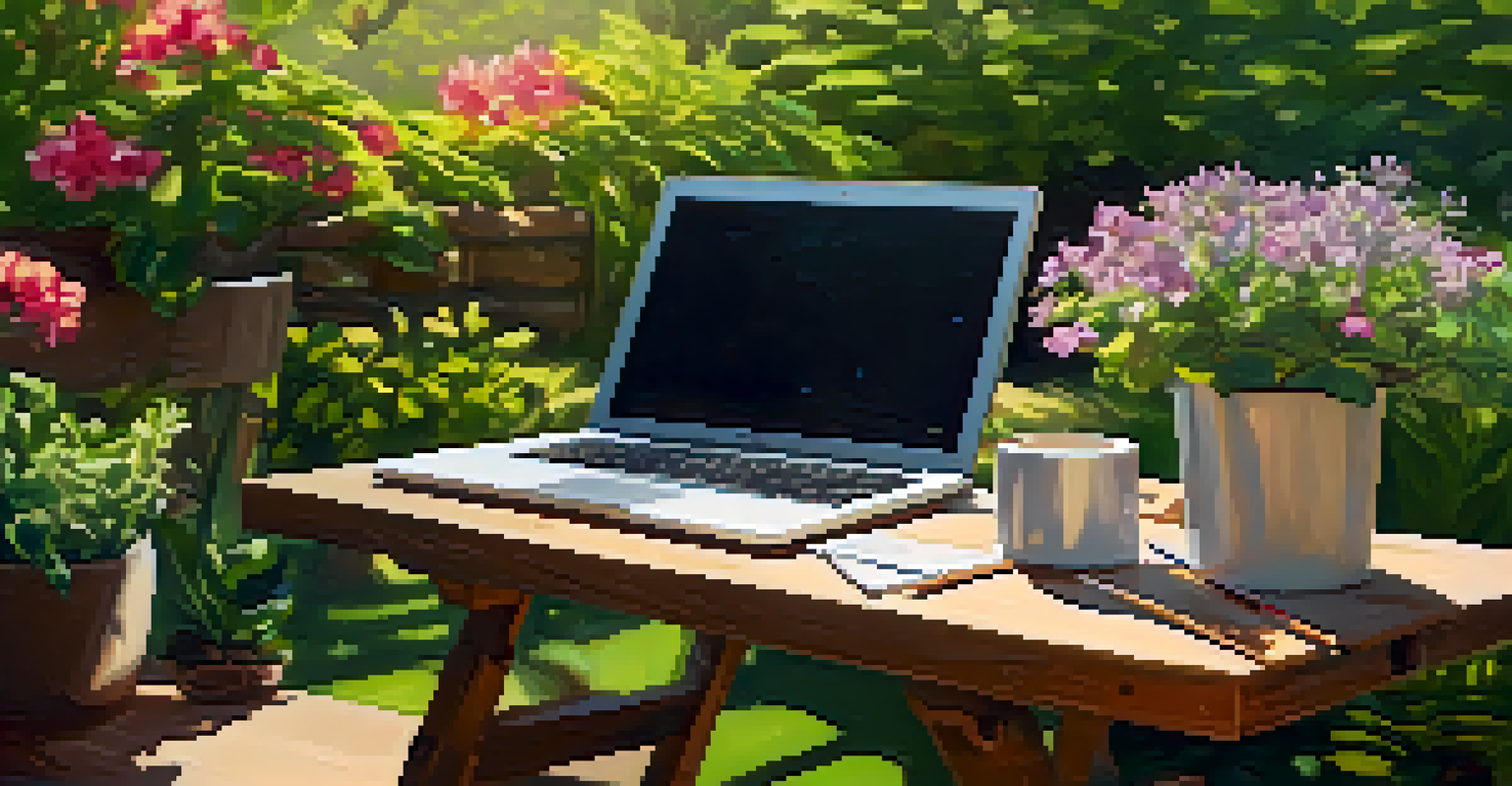 An outdoor workspace with a laptop, sketchpad, and art supplies in a sunny garden filled with flowers.