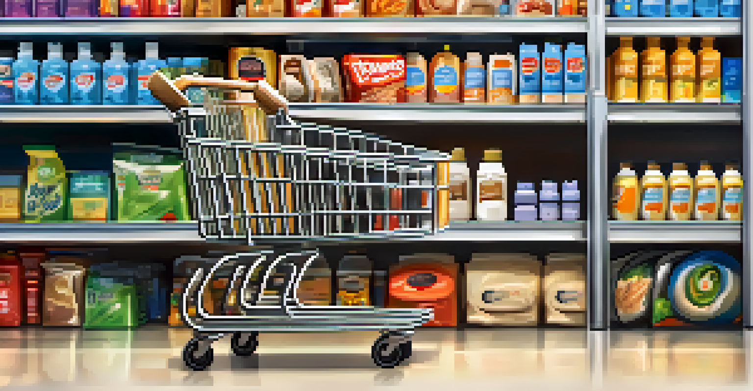 A shopping cart filled with diverse products like electronics and groceries in a retail store with shelves in the background.